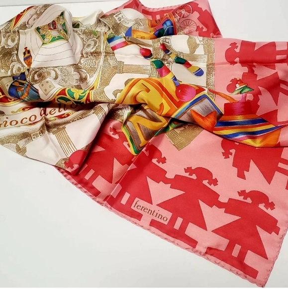 VTG Ferentino Italy Gioco dell'oco Scarf 100% Silk Pink/Toys/Children/Teddy Bear - Picture 1 of 16